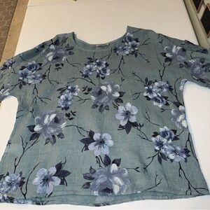 Elena Baldi 100% Linen Blouse Top Ruffle Sleeve Floral Italy Camello Size Large